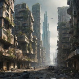 A majestic, futuristic city thriving amidst post-apocalyptic elements