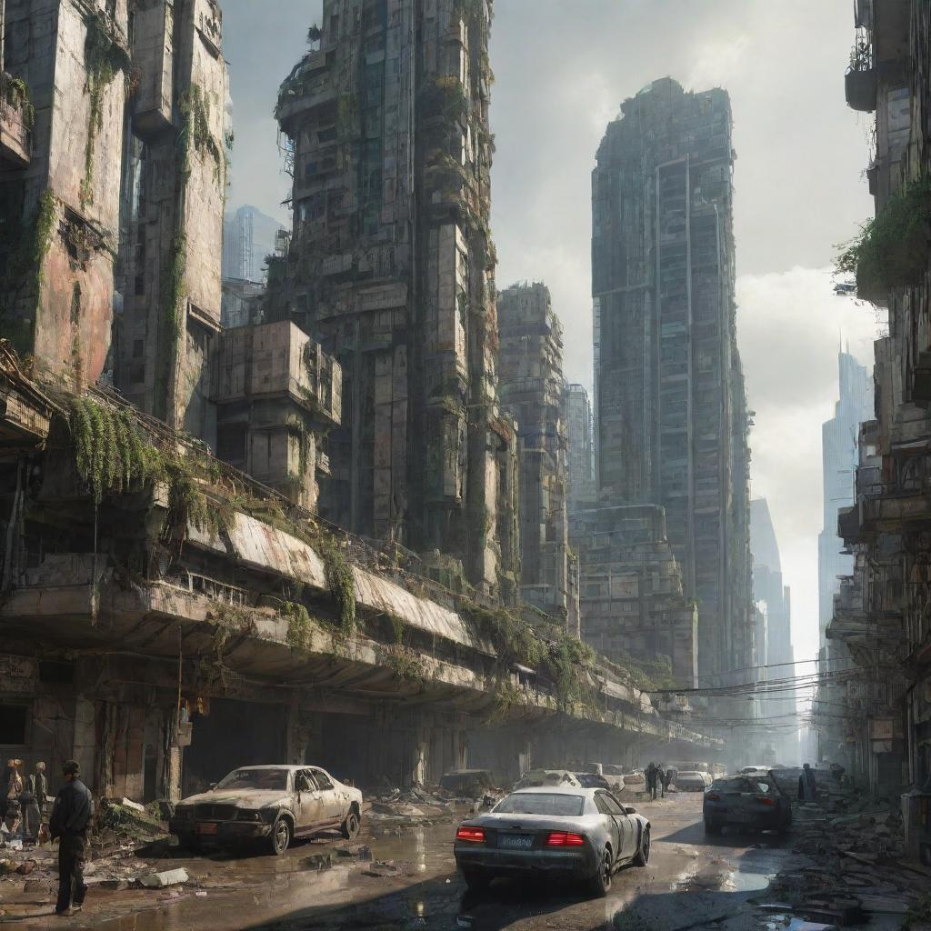 A majestic, futuristic city thriving amidst post-apocalyptic elements