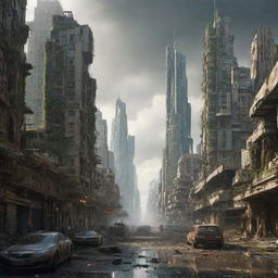 A majestic, futuristic city thriving amidst post-apocalyptic elements