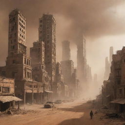 A majestic, post-apocalyptic futuristic city engulfed in a massive sandstorm