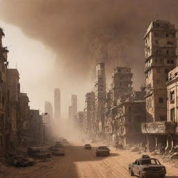 A majestic, post-apocalyptic futuristic city engulfed in a massive sandstorm