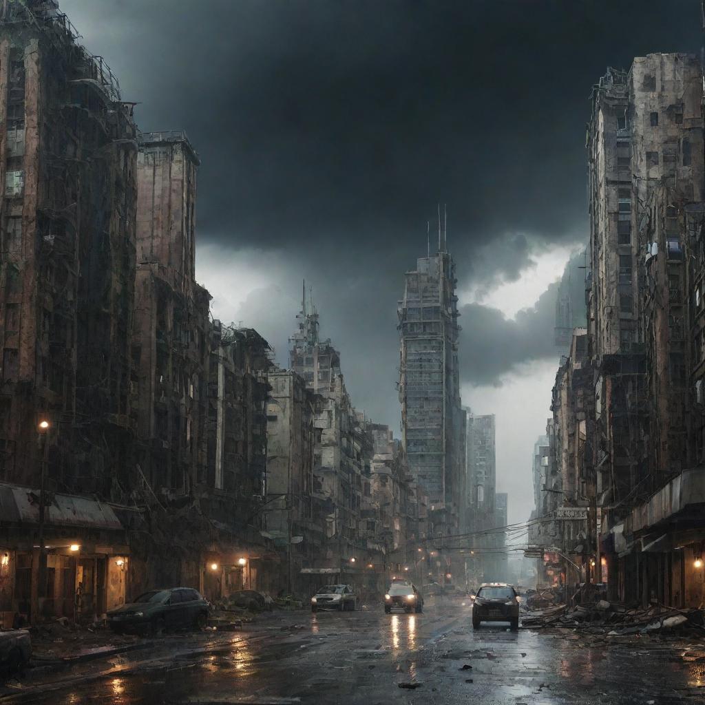 A majestic, post-apocalyptic future city under a thunderous storm