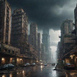 A majestic, post-apocalyptic future city under a thunderous storm