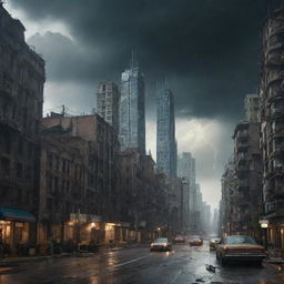 A majestic, post-apocalyptic future city under a thunderous storm