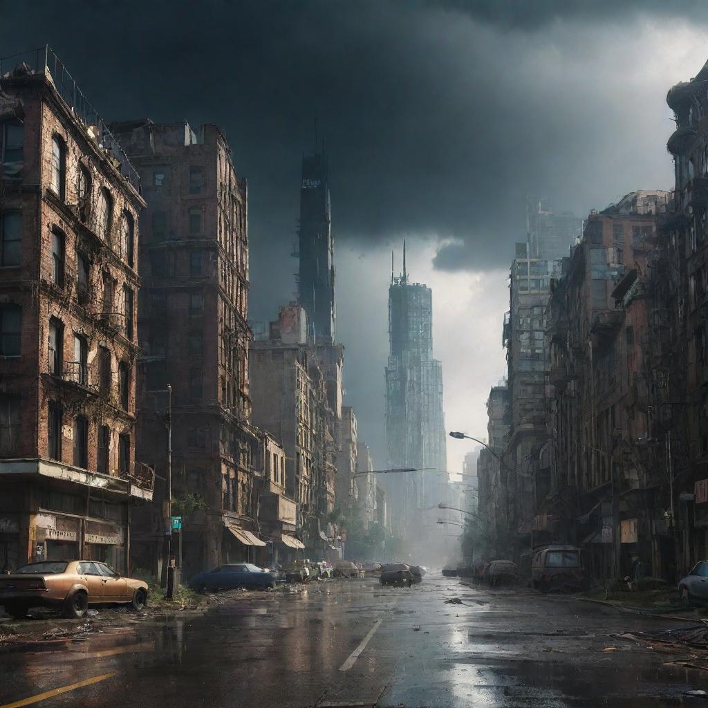 A majestic, post-apocalyptic future city under a thunderous storm