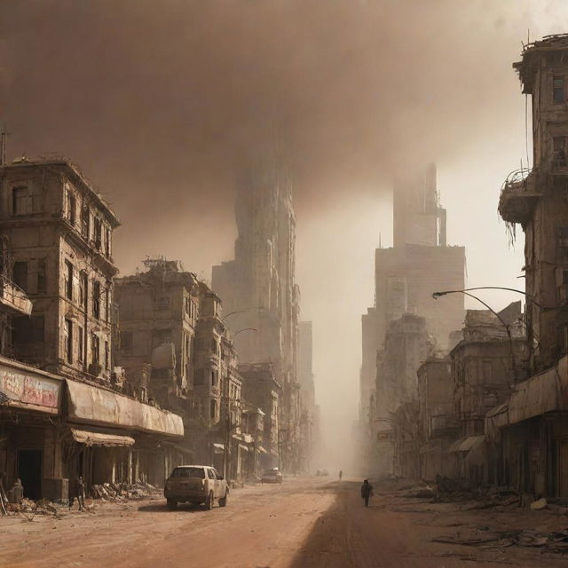 A majestic, futuristic city in the post-apocalyptic era, being enveloped by a massive sandstorm