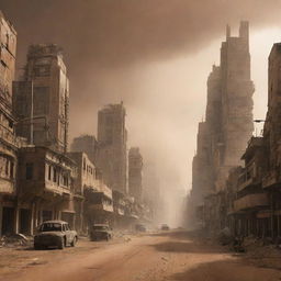 A majestic, futuristic city in the post-apocalyptic era, being enveloped by a massive sandstorm