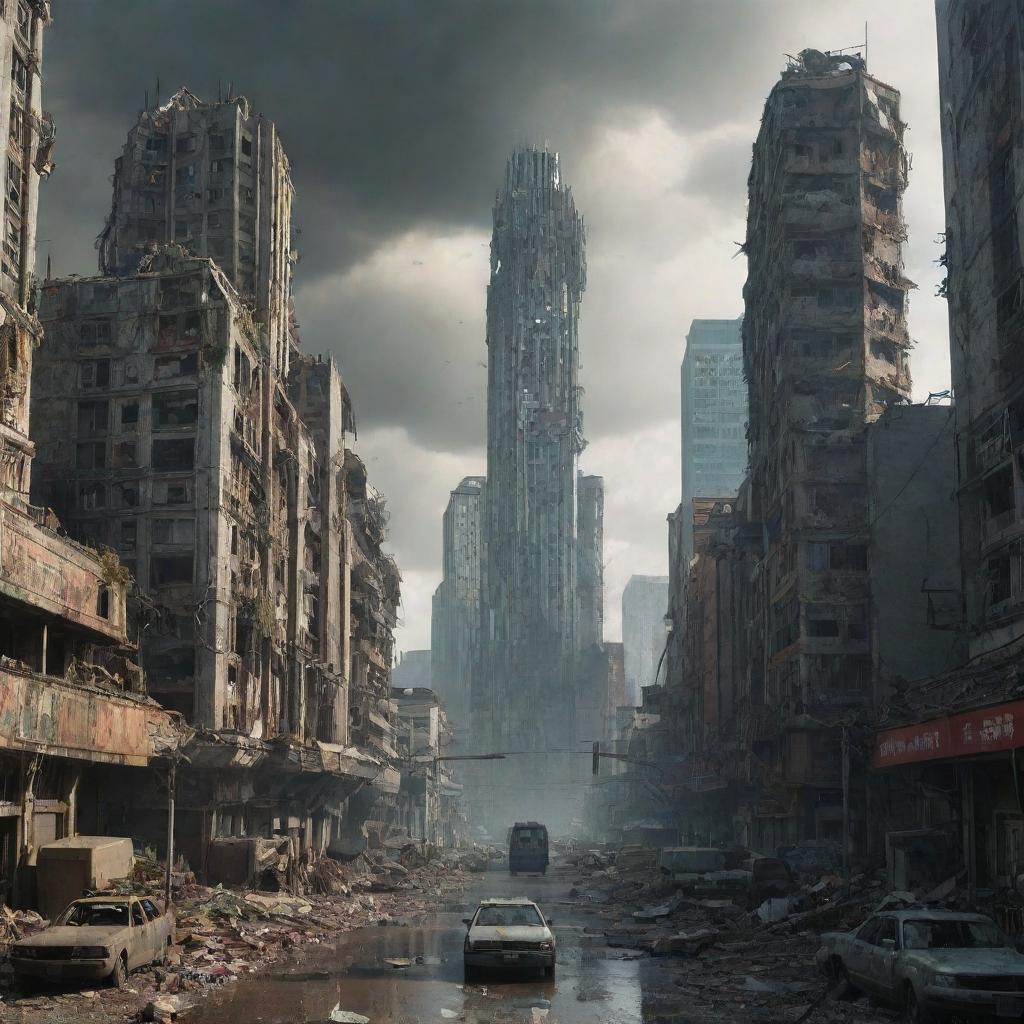 A majestic, futuristic city in the aftermath of a zombie apocalypse