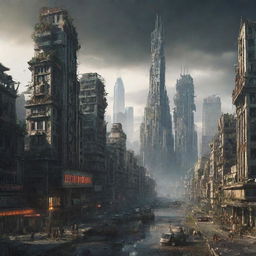 A majestic, futuristic city in the aftermath of a zombie apocalypse