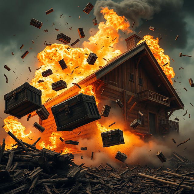 A dramatic explosion of a large wooden house, with debris and wooden fragments scattering through the air