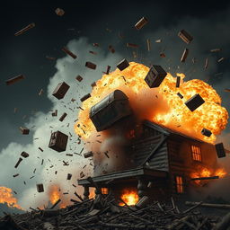 A dramatic explosion of a large wooden house, with debris and wooden fragments scattering through the air