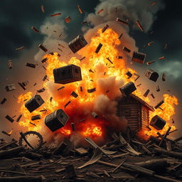 A dramatic explosion of a large wooden house, with debris and wooden fragments scattering through the air