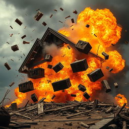 A dramatic explosion of a large wooden house, with debris and wooden fragments scattering through the air