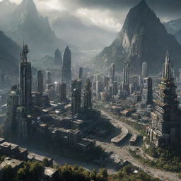 A majestic, futuristic city nestled in the mountains during a zombie apocalypse