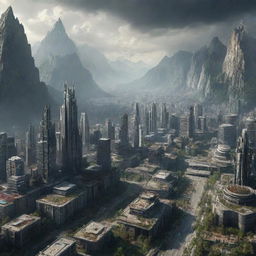 A majestic, futuristic city nestled in the mountains during a zombie apocalypse