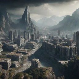 A majestic, futuristic city nestled in the mountains during a zombie apocalypse