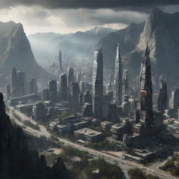 A majestic, futuristic city nestled in the mountains during a zombie apocalypse