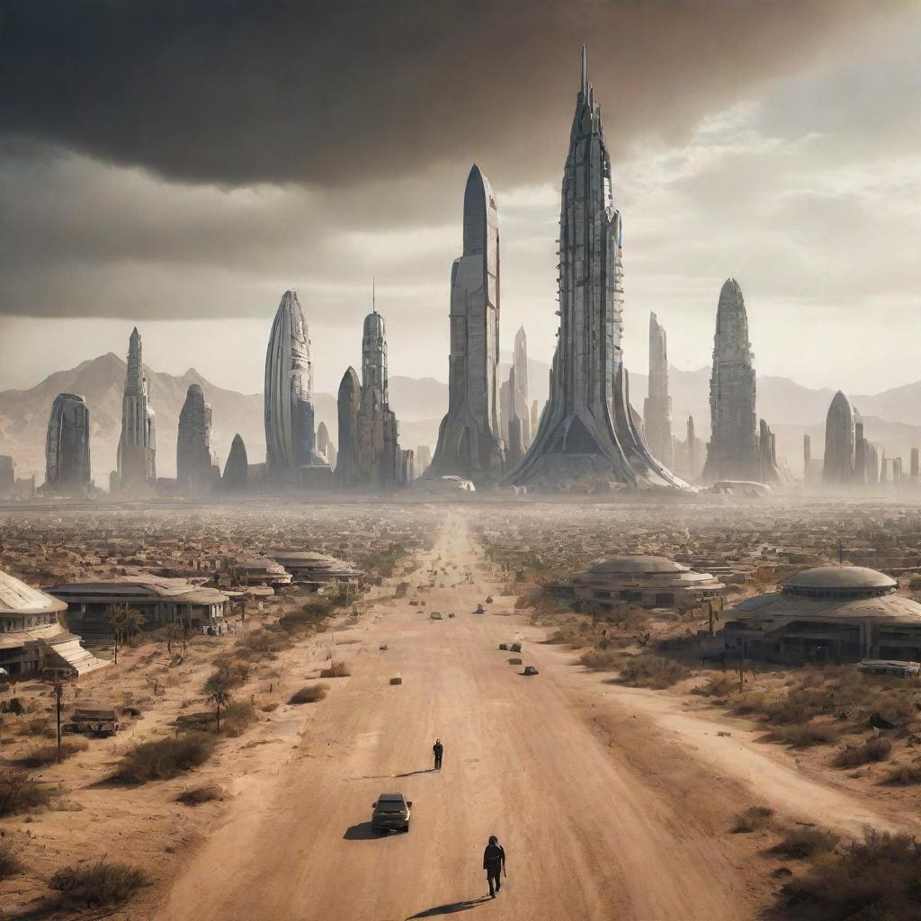 A majestic, futuristic city standing resilient in the desert during a zombie apocalypse