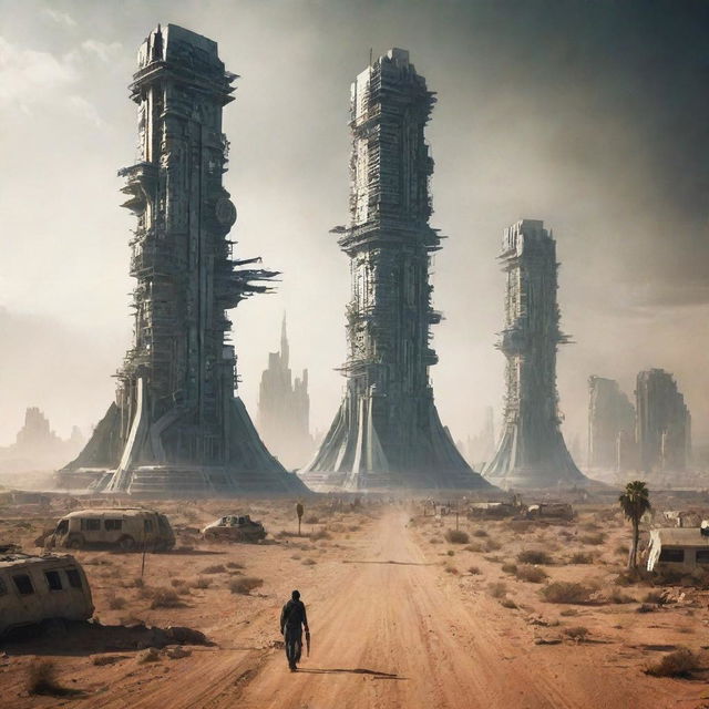 A majestic, futuristic city standing resilient in the desert during a zombie apocalypse