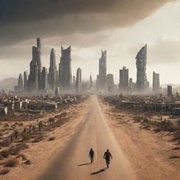 A majestic, futuristic city standing resilient in the desert during a zombie apocalypse