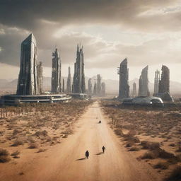 A majestic, futuristic city standing resilient in the desert during a zombie apocalypse