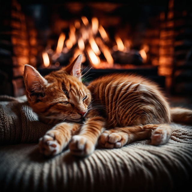 A high-angle full body shot of a four-legged ginger kitten having a nap in front of a fireplace, taken with a Sony α7R IV and a Sony FE 30mm f/2