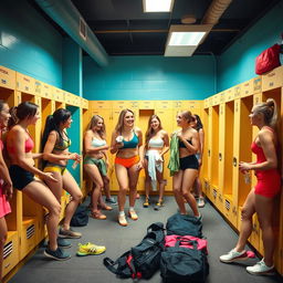 A vibrant and lively scene depicting a fitness locker room filled with several young women, all in various stages of changing clothes