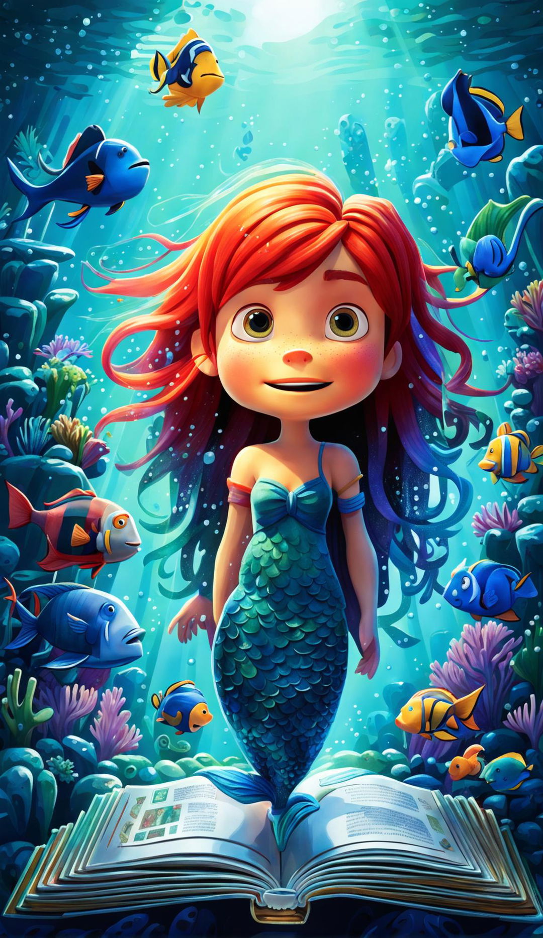 A Pixar-style 'Finding Nemo' inspired book cover featuring a mermaid.