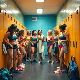 A vibrant and lively scene depicting a fitness locker room filled with several young women, all in various stages of changing clothes