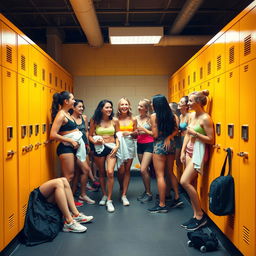 A vibrant and lively scene depicting a fitness locker room filled with several young women, all in various stages of changing clothes