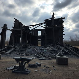 Ruins of a large burnt wooden building, with charred beams and collapsed walls