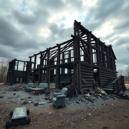 Ruins of a large burnt wooden building, with charred beams and collapsed walls
