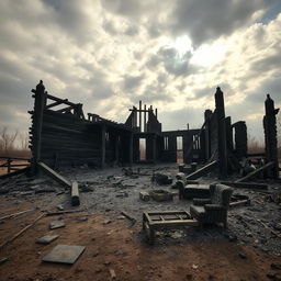 Ruins of a large burnt wooden building, with charred beams and collapsed walls