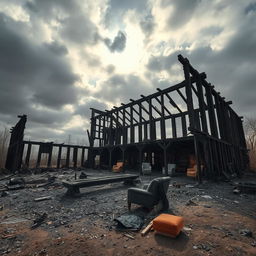 Ruins of a large burnt wooden building, with charred beams and collapsed walls
