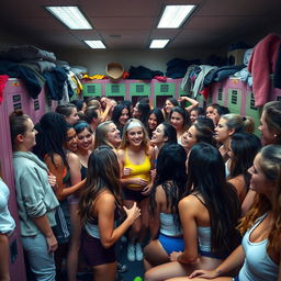 A chaotic and lively locker room scene filled with numerous young women engaged in animated conversation, showcasing a variety of hairstyles and body types