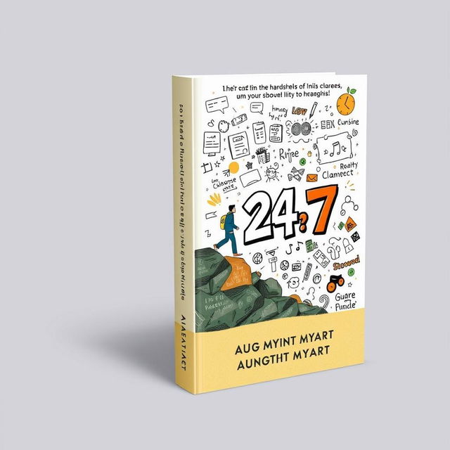 A captivating book cover design for '24/7' that showcases the hardships of the author's life through a blend of impactful imagery and doodle art