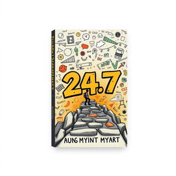 A captivating book cover design for '24/7' that showcases the hardships of the author's life through a blend of impactful imagery and doodle art