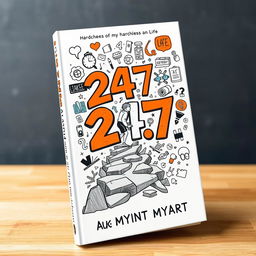 A captivating book cover design for '24/7' that showcases the hardships of the author's life through a blend of impactful imagery and doodle art
