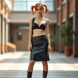 A sensual and confident full-body portrait of an 18-year-old high school girl with red hair styled in playful ponytails