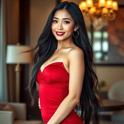 A stunning portrayal of a sexy Chinese woman with long flowing black hair, wearing a fashionable, form-fitting red dress that accentuates her curves