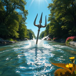 A majestic trident emerging from a river, glistening in the sunlight