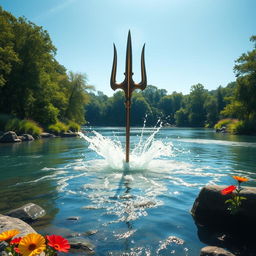 A majestic trident emerging from a river, glistening in the sunlight