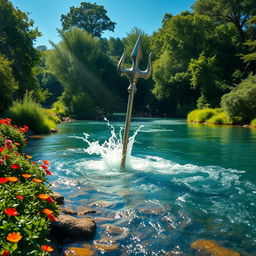 A majestic trident emerging from a river, glistening in the sunlight