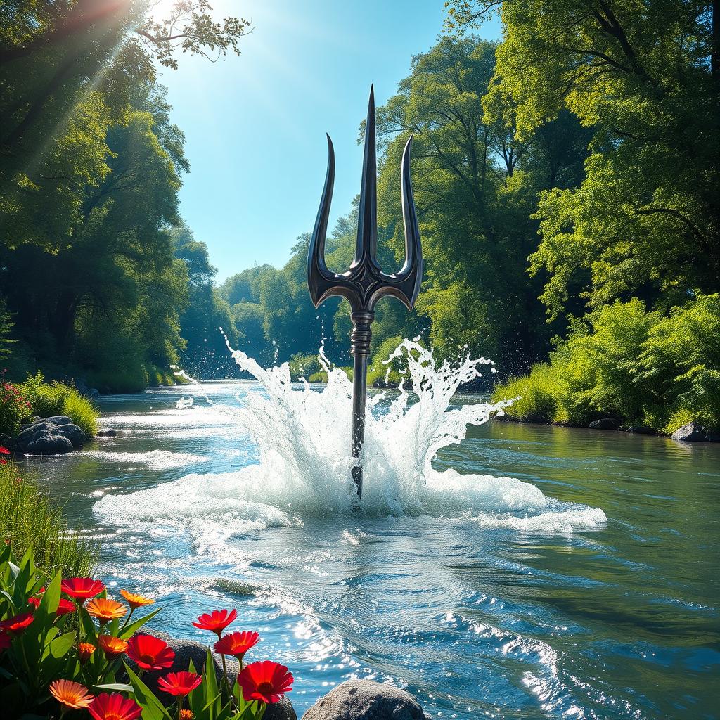 A majestic trident emerging from a river, glistening in the sunlight