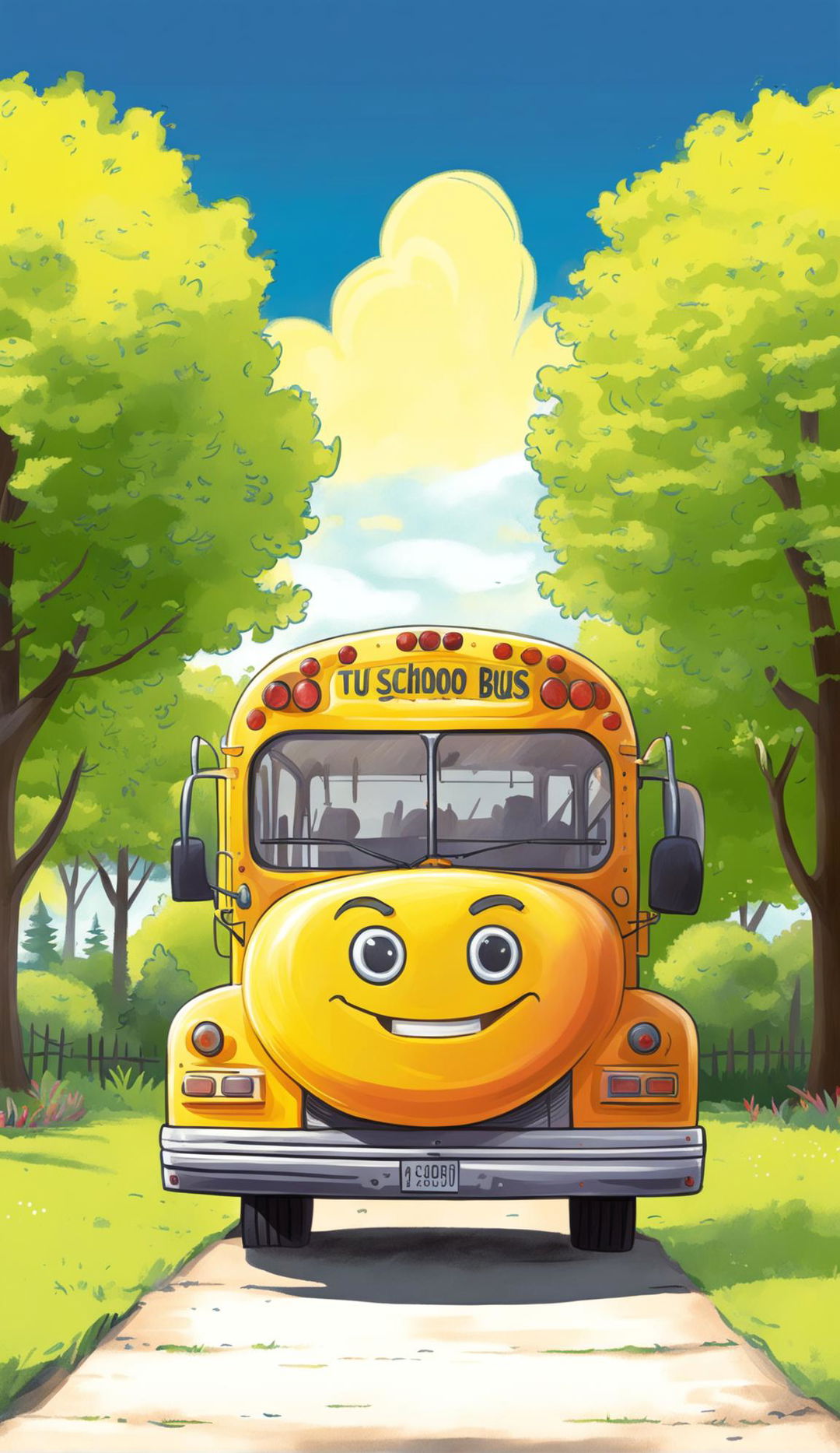 A children's book cover in animated sketch style featuring a school bus.