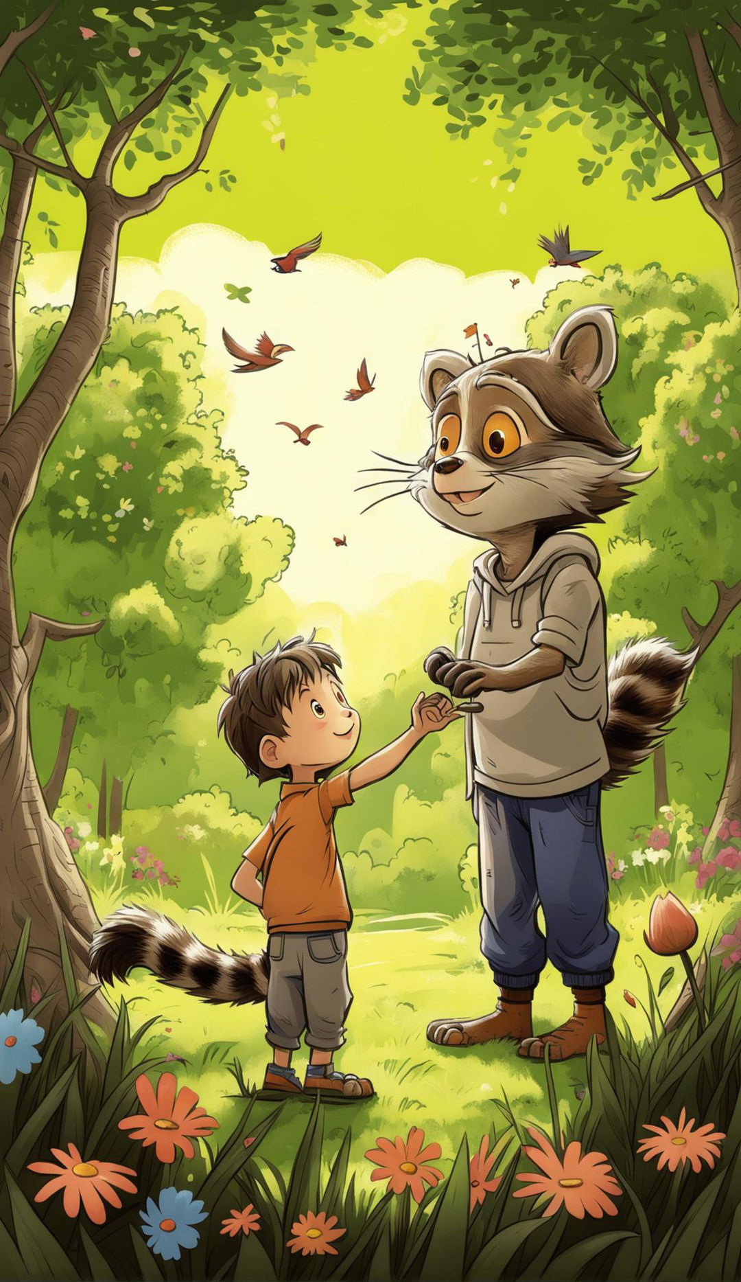 A children's book cover in animated sketch style featuring a boy with his pet raccoon.