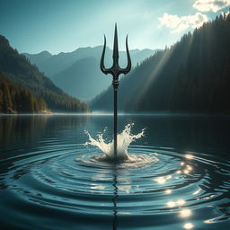 A stunning trident emerging dramatically from the depths of a deep lake