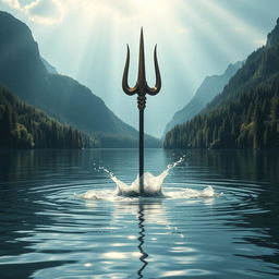 A stunning trident emerging dramatically from the depths of a deep lake