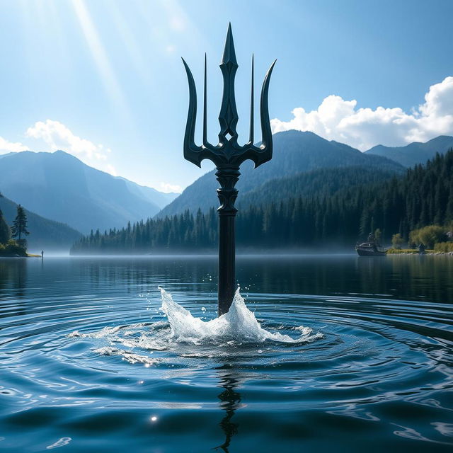 A stunning trident emerging dramatically from the depths of a deep lake