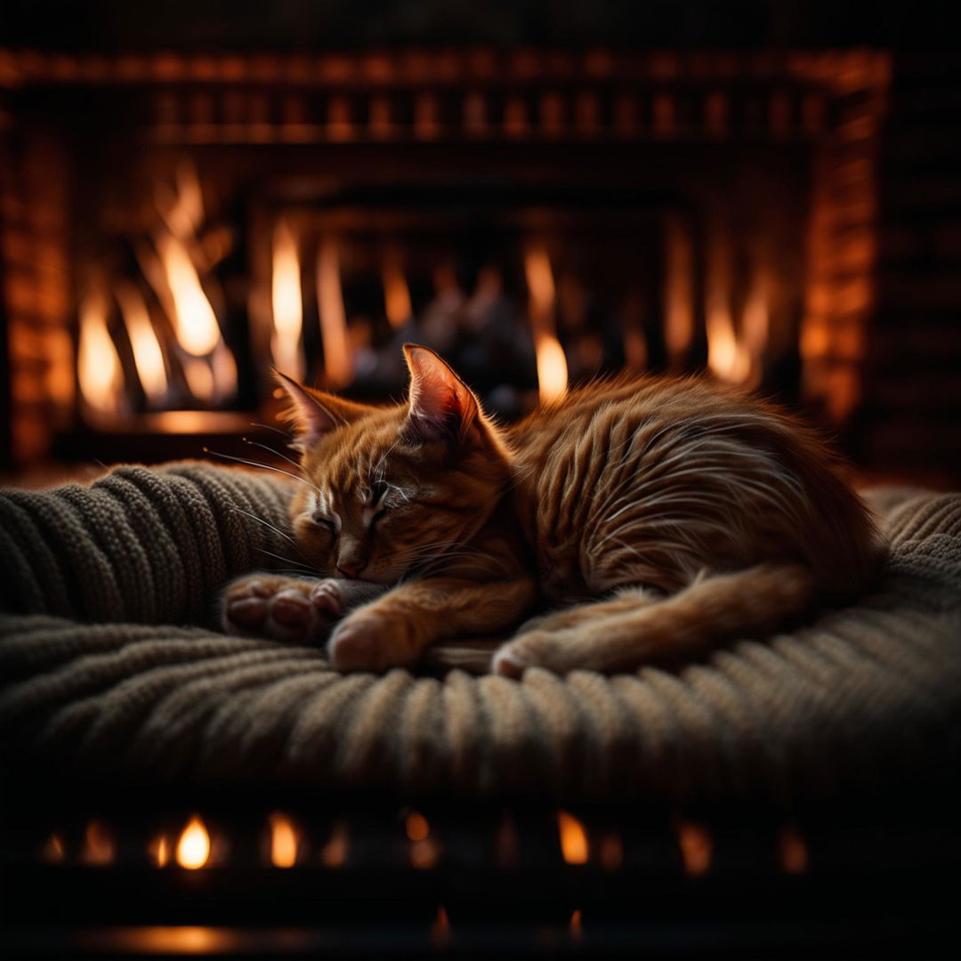 A high-angle full body shot of a four-legged ginger kitten with its eyes closed peacefully, having a nap in front of a fireplace, taken with a Sony α7R IV and a Sony FE 30mm f/2